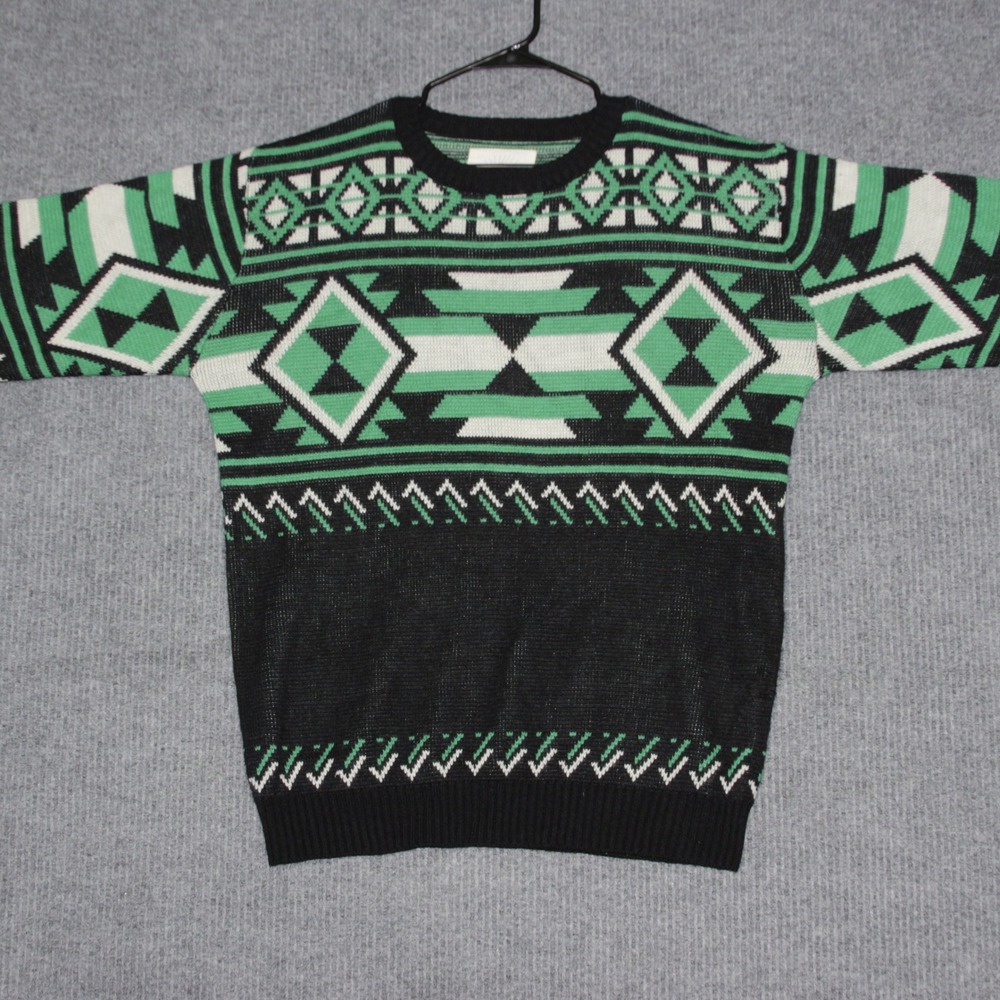 DECIBEL Mens XL Geometric Print Crewneck‎ Sweater Black Green White Cozy